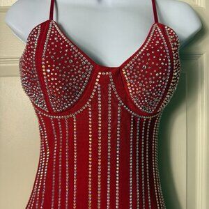 Akira Late Night Look Midi Rhinestone Mesh Dress - Red (XS) Brand New With Tags